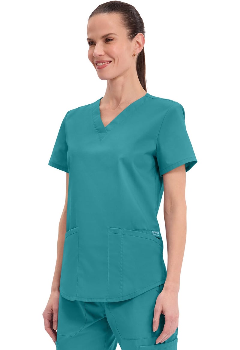 Cherokee Womens V Neck Scrub Top Modern Classic Fit Stretch Easy Care Durable Workwear Medical Uniform - WW665, S, Teal Blue - Image 3